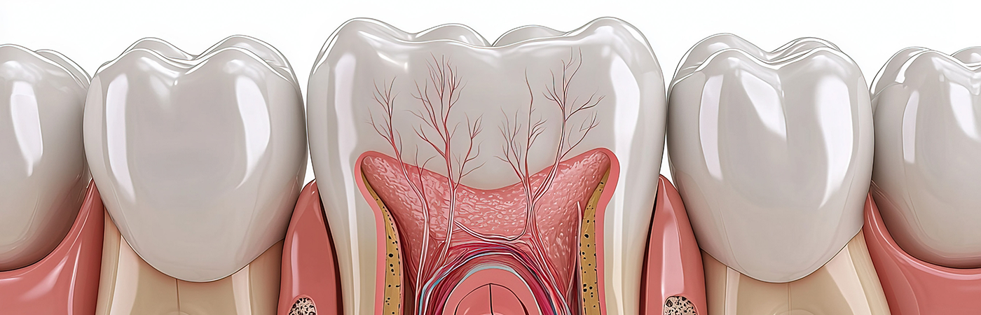 Illustration of lower arch showing the inside of one tooth